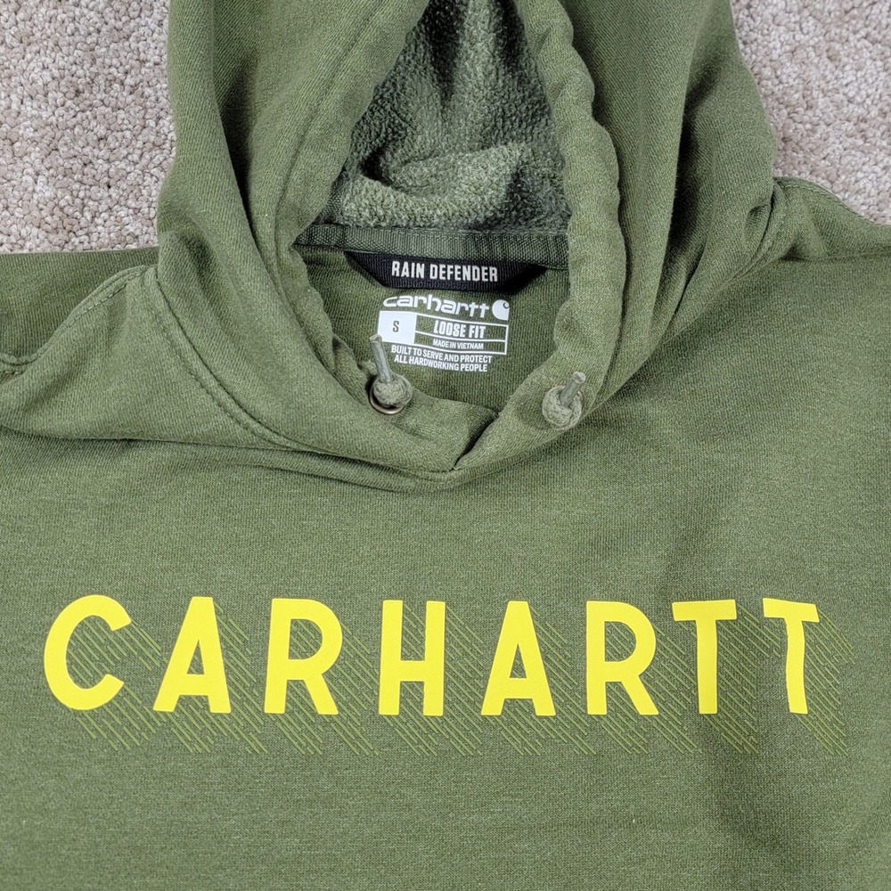 Carhartt Rain Defender Loose Fit Hoodie Mens Small Olive Green Logo Sweatshirt